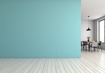 Wall Mural - Modern interior design of apartment, empty living room with blank blue wall, dining room with table and chairs, interior background