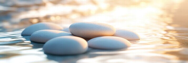 Poster - Gentle waves wash over smooth beach pebbles in the soft light of evening at the shoreline. Generative AI