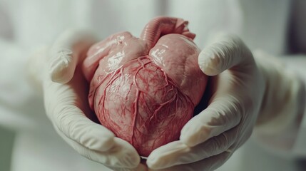 Aufkleber - Realistic anatomical heart gently cradled in gloved hands of a medical professional in a clinical setting. Generative AI