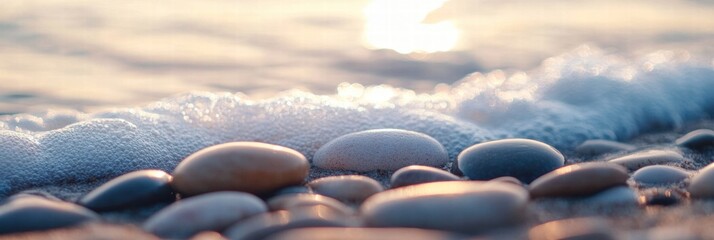 Leinwandbilder - Smooth beach pebbles glisten under sunlight while gentle waves wash over them at a tranquil coastal location. Generative AI