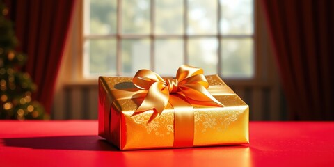 Poster - A golden gift box with a delicate bow sits on a red table, bathed in warm sunlight streaming through a window, a festive ambiance in a cozy room.