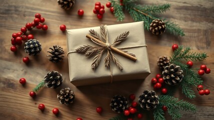 Poster - A rustic brown gift box tied with twine and decorated with a cinnamon stick and dried leaves, surrounded by pine cones and red berries on a wooden surface.