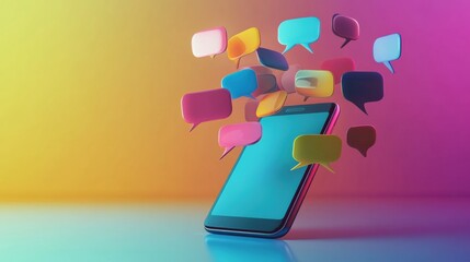 Poster - Bright chat bubbles emerge from a smartphone against a colorful backdrop in a dynamic digital communication concept. Generative AI