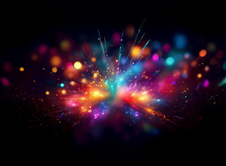 Poster - Abstract background of vibrant, colorful lights exploding with bokeh effect. A dazzling display of multicolored sparkles against a dark backdrop.
