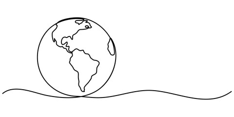Fototapete - Planet Earth Continuous Line Icon, Planet Earth continuous line drawing. World map with curve line. Linear globe symbol. Vector illustration isolated on white, Ecology Single Line Icon, pro vector.