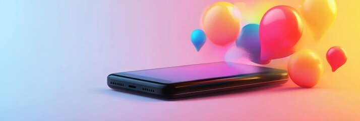 Aufkleber - Bright chat bubbles emerge from a smartphone in a colorful display at a modern setting during daytime. Generative AI