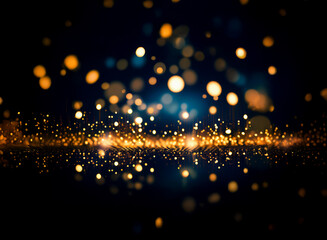Poster - Abstract background with bokeh lights.  Golden and blue sparkles illuminate a dark, glittering surface.  A festive, celebratory feel.