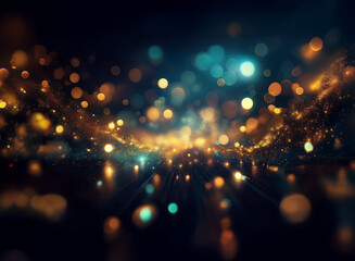 Fototapete - Abstract background image featuring bokeh lights.  Golden and teal glowing particles create a dynamic, glittering effect, resembling a pathway of light in a dark, spacious environment.