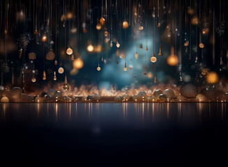 Poster - Abstract background image with bokeh lights.  Numerous glowing orbs hang from above, reflecting on a dark, shiny surface below.  A hazy, atmospheric effect adds depth.