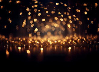 Poster - Abstract background of golden bokeh lights, creating a sparkling, glittering effect.  The dark backdrop enhances the luminous glow.
