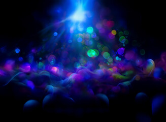 Aufkleber - Abstract background image featuring vibrant bokeh lights.  A bright blue light source illuminates colorful, swirling forms in shades of purple, blue, and green, creating a dreamy, ethereal atmosphere.