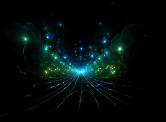 Aufkleber - Abstract background image featuring a mesmerizing bokeh effect.  Glowing lights create a symmetrical, ethereal pathway leading into a dark, glittering expanse.