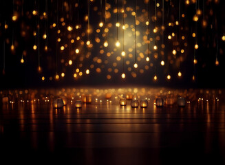 Poster - Abstract background image featuring warm bokeh lights.  Suspended glowing orbs and candles on a dark wooden floor create a magical, romantic ambiance.
