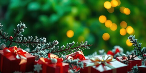 Poster - A Festive Arrangement of Presents with Snow-Covered Branches and Warm, Blurred Lights in the Background