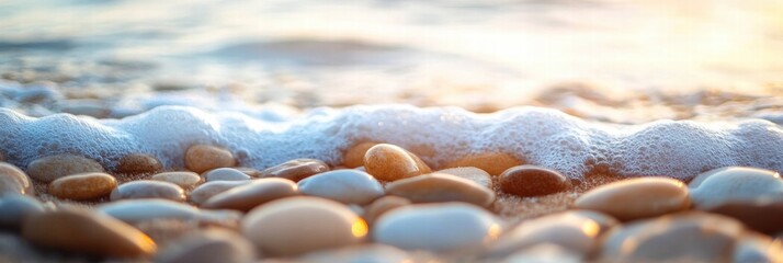 Leinwandbilder - Close up view of smooth beach pebbles softly washed by gentle ocean waves at sunset. Generative AI