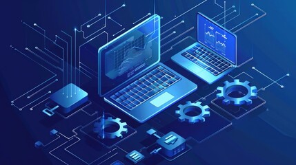 digital network, data processing, technology, isometric illustration, future tech