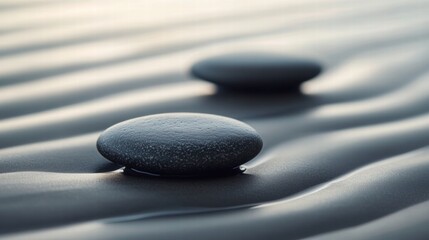 Poster - Close up view of smooth pebbles on a tranquil beach with gentle waves washing over during sunset. Generative AI
