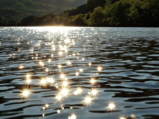 sun sparkling on calm lake water at sunset, hills in background; nature scene for website or calenda