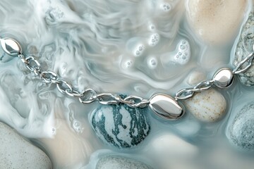 Poster - Close up view of smooth beach pebbles being caressed by gentle ocean waves during a serene coastal moment. Generative AI