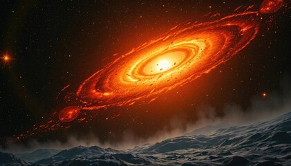 Fiery cosmic swirl above desolate planet surface breathtaking celestial event unfolds