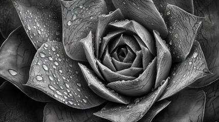 Wall Mural - Close-up monochrome image of dew-covered succulent.