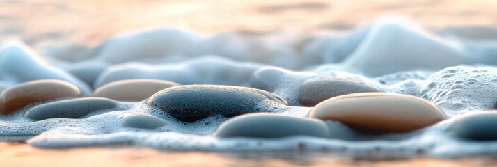 Fototapete - Smooth beach pebbles gently washed by soft ocean waves at sunset near the shore. Generative AI