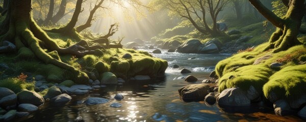 A picturesque brook babbles over moss-covered rocks and beneath gnarled branches, its crystal-clear waters sparkling in the warm sunlight , scenery, nature, river