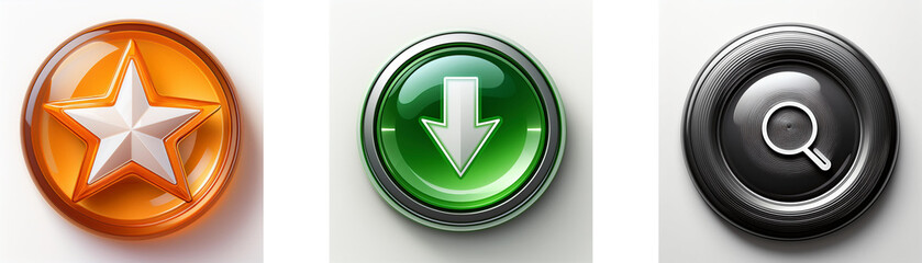 Aufkleber - Three glossy buttons display star, download arrow, and magnifying glass symbols.  Simple, colorful interface icons.