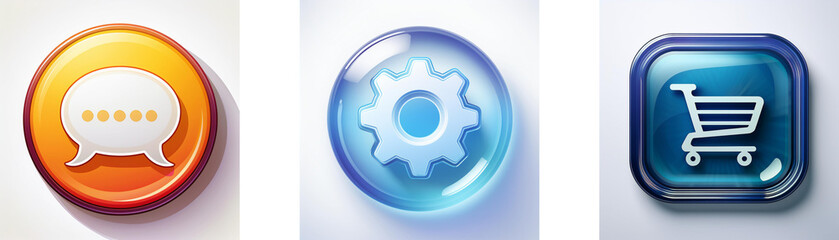 Leinwandbilder - Three glossy buttons display communication, settings, and shopping cart icons.  Modern, digital, and user interface elements.