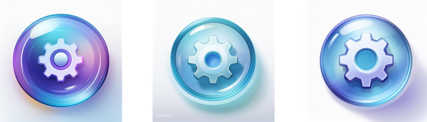 Leinwandbilder - Three glossy, spherical buttons feature a gear icon; each button displays different color gradients.  The gear symbolizes settings, options, or configuration.