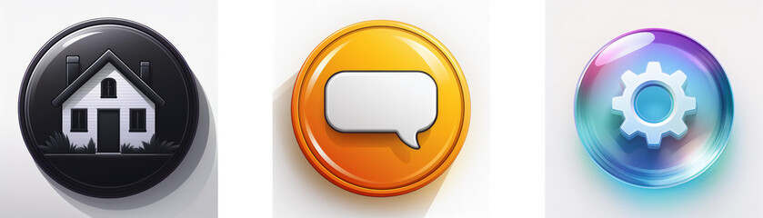Leinwandbilder - Three glossy circular buttons feature house, speech bubble, and gear icons.  Simple, colorful app symbols.
