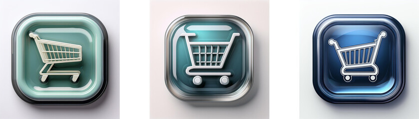 Aufkleber - Three glossy square buttons feature a shopping cart icon.  Each button displays a different color scheme.