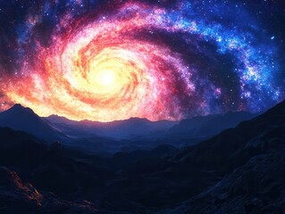 Wall Mural - majestic spiral galaxy with vibrant colors spanning night sky above silhouetted rolling hills, cosmi