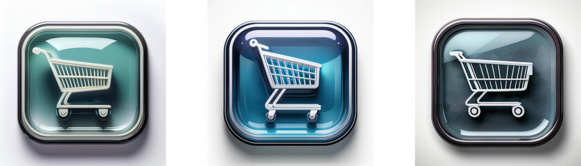 Poster - Three glossy square buttons feature a shopping cart icon in varying shades of blue and green.  The icons represent online shopping, e-commerce, and digital purchasing.