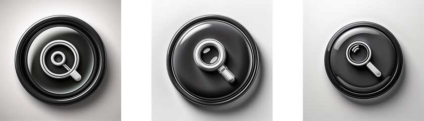 Leinwandbilder - Three dark gray circular buttons, each displaying a slightly different version of a magnifying glass icon in light gray.  The icons vary in size and detail.