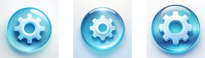 Fototapete - Three glossy blue circular buttons feature a central light-blue gear icon; representing settings, options, or configuration.