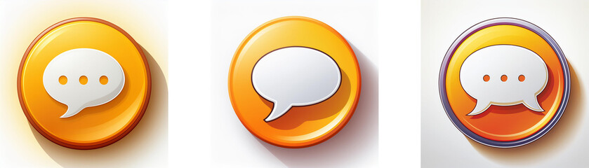 Poster - Three glossy, orange circular buttons feature a white speech bubble; two have three dots, one is blank.  Perfect for communication or messaging apps.