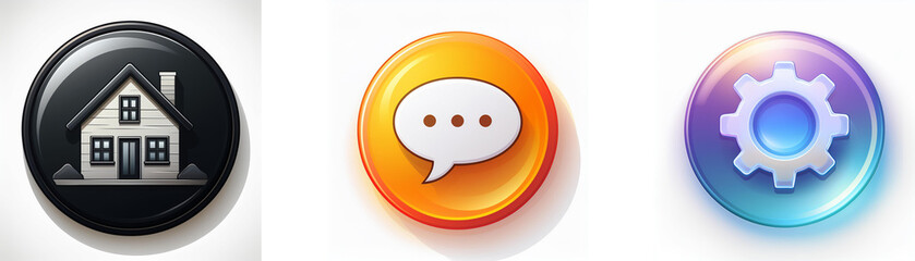 Poster - Three glossy circular buttons depict home, message, and settings.  Simple icons symbolize key functions.