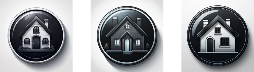 Poster - Three circular icons showcase a grayscale house illustration, varying in style and shadow.  Modern, minimalist home design.