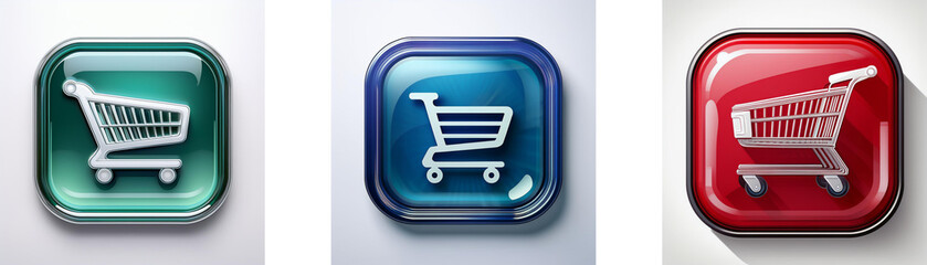 Poster - Three glossy square buttons showcase shopping cart icons in teal, blue, and red.  A simple yet effective design for online retail.