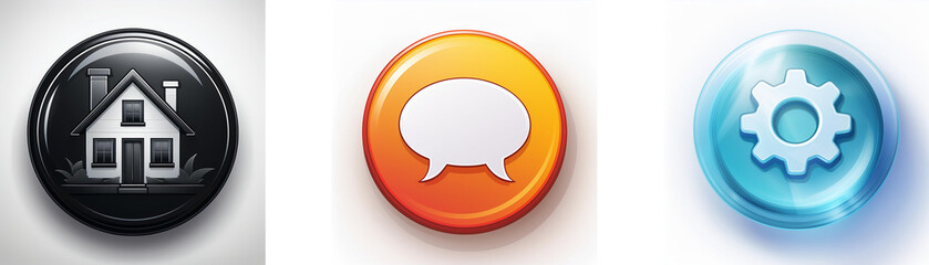 Fototapete - Three glossy circular buttons depict home, chat, and settings icons.  Simple, colorful, and user-friendly design.