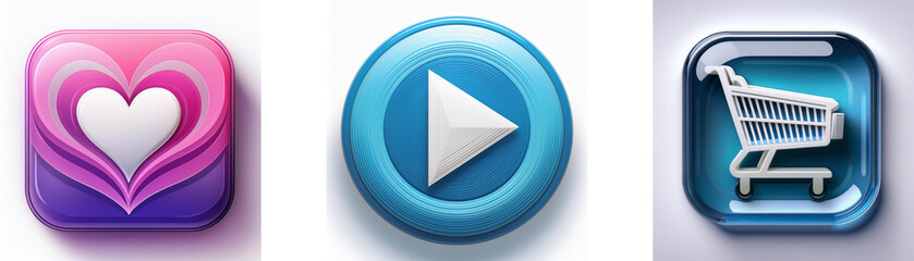 Leinwandbilder - Three glossy square buttons: heart, play, shopping cart.  Simple, colorful icons for app design.