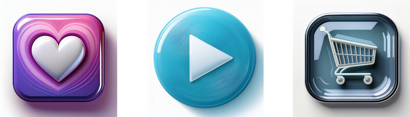 Fototapete - Three glossy buttons: heart, play, shopping cart.  Simple, colorful icons for app design.