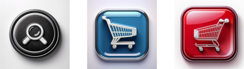 Fototapete - Three glossy buttons: a magnifying glass, a shopping cart on blue, and a shopping cart on red.  Represents online search and e-commerce.