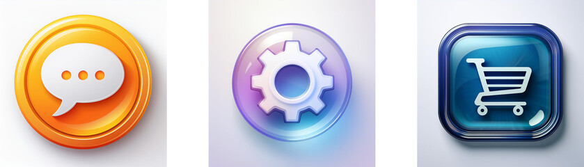 Fototapete - Three glossy buttons depict communication, settings, and shopping.  Each button features a distinct icon in vibrant colors.