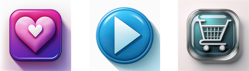 Poster - Three glossy buttons: heart, play, shopping cart.  Simple, colorful, and iconic digital symbols.
