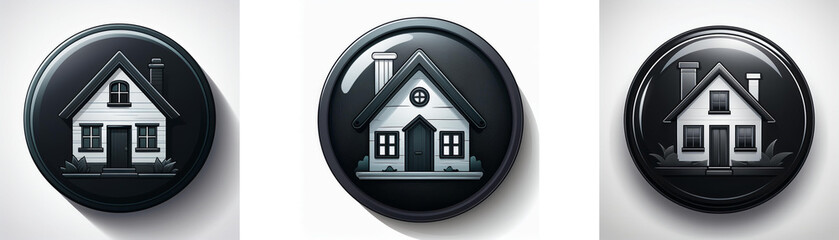 Leinwandbilder - Three glossy black circular buttons feature a simple house icon in grayscale.  Each button displays slight variations in the house's details and shadow.