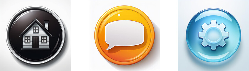 Fototapete - Three glossy circular icons: a house, a speech bubble, and a gear.  They represent home, communication, and settings.
