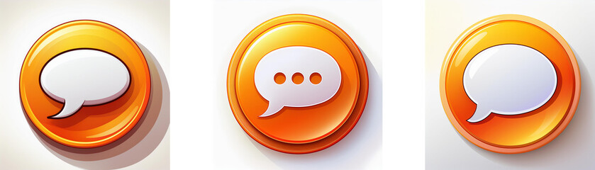 Poster - Three glossy orange circular buttons feature white speech bubbles; one empty, one with three dots, and one with a single tail.  These represent communication, messages, and dialogue.