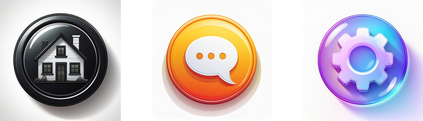 Leinwandbilder - Three glossy circular buttons feature home, chat, and settings icons.  Modern, simple design.